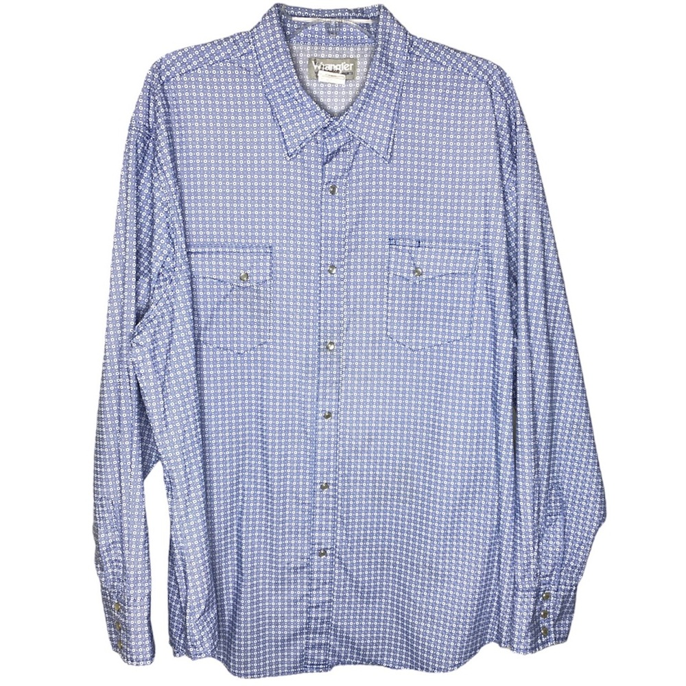 Wrangler Wrancher Pearl Snap Blue White Patterned Long Sleeve Shirt Size XXL
